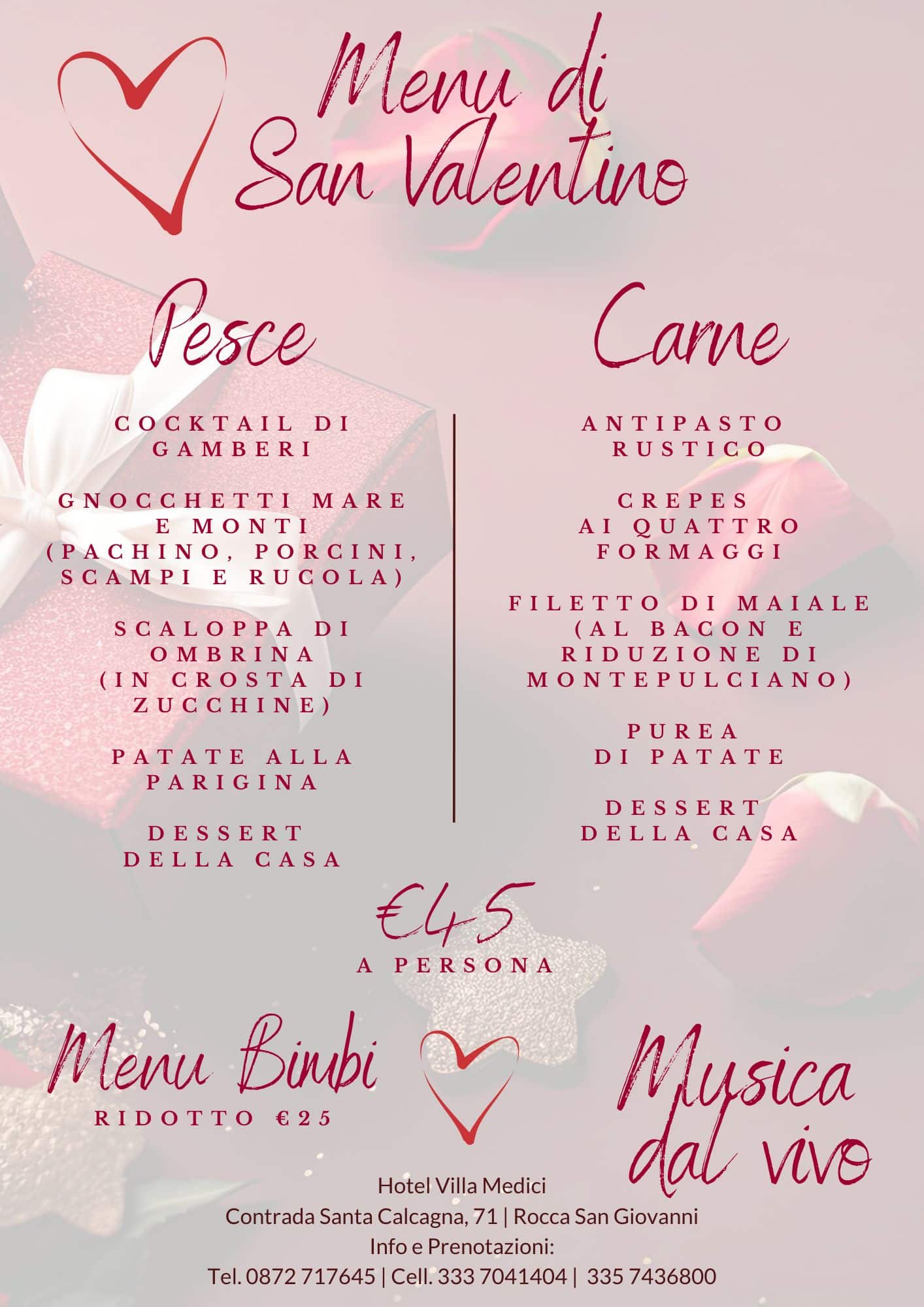 Villa medici Menu di San Valentino Volantino A4